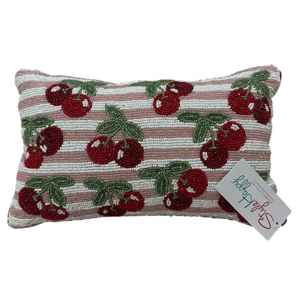 Style Happy Beaded Cherry Striped Decorative Throw Pillow Pink Red 9x15 Lumbar